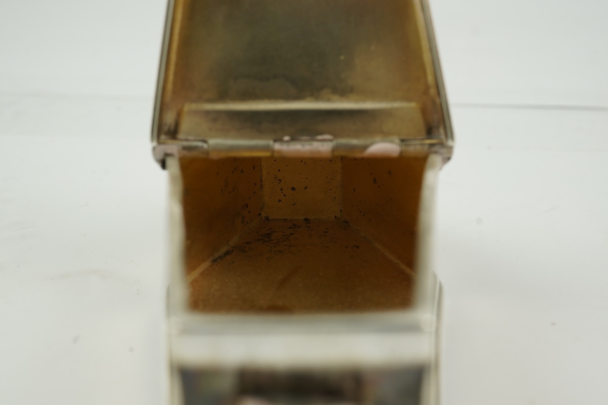 A George VI novelty silver snuff box, modelled as coffin with two handles and an 'RIP' appliqué, maker HW